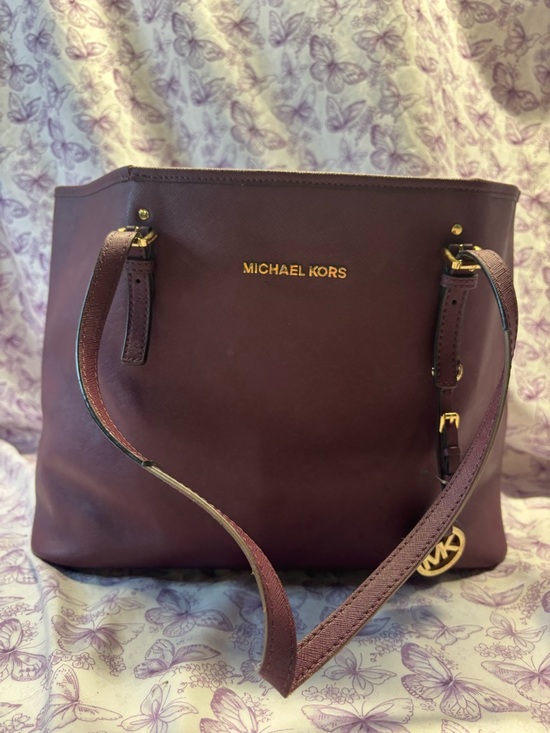 Michael Kors Handbags - Michael Kors Plum Leather Tote with Gold Accents